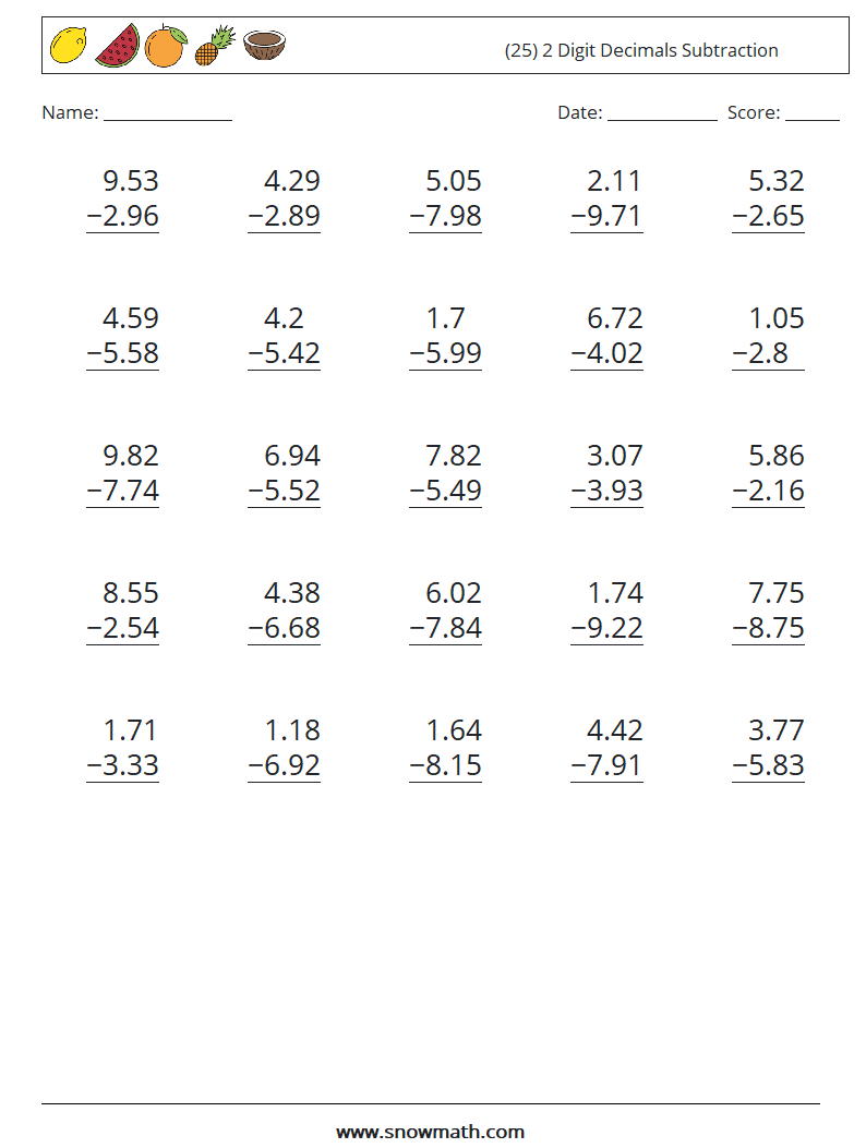(25) 2 Digit Decimals Subtraction Math Worksheets 16