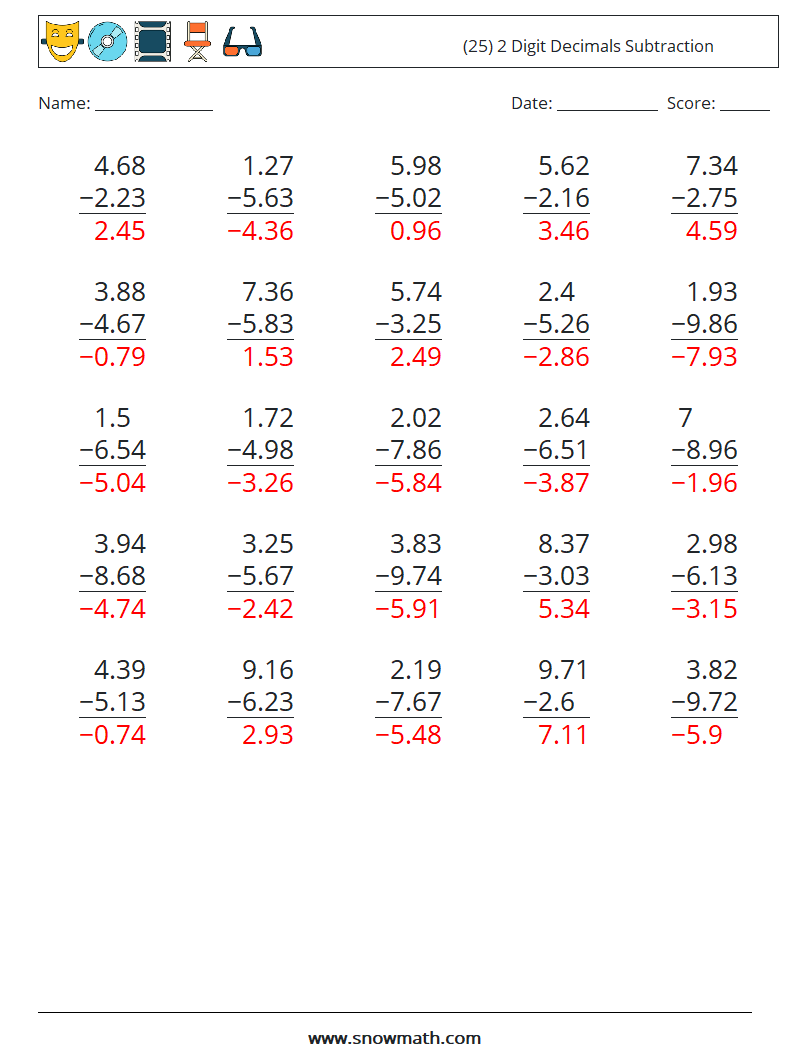 (25) 2 Digit Decimals Subtraction Math Worksheets 17 Question, Answer