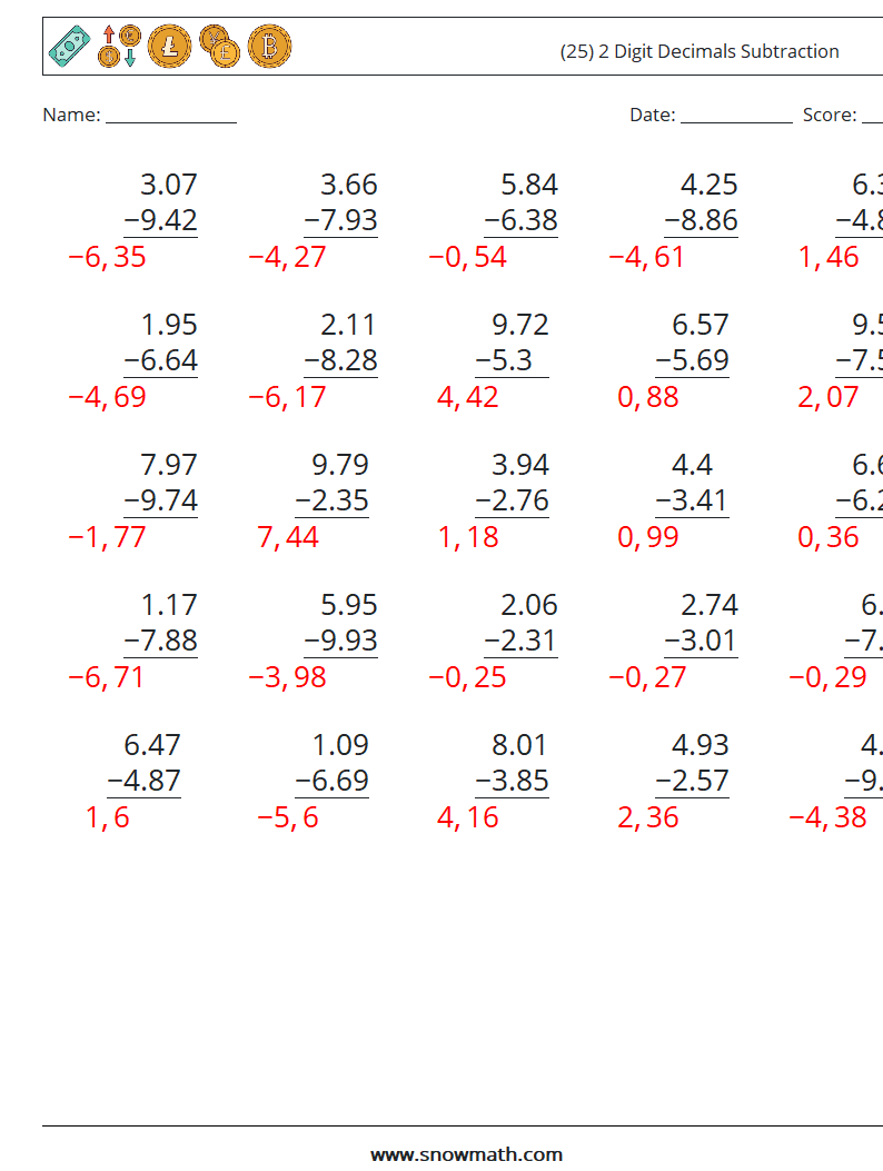 (25) 2 Digit Decimals Subtraction Math Worksheets 1 Question, Answer