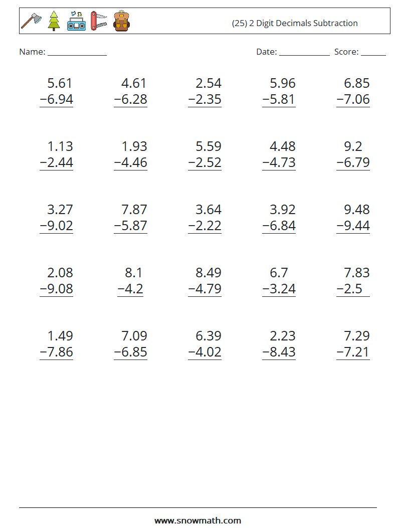 (25) 2 Digit Decimals Subtraction Maths Worksheets 2