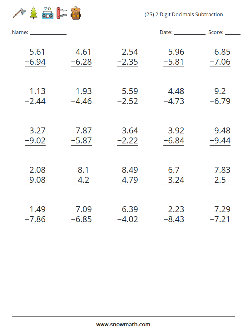 (25) 2 Digit Decimals Subtraction Math Worksheets 2