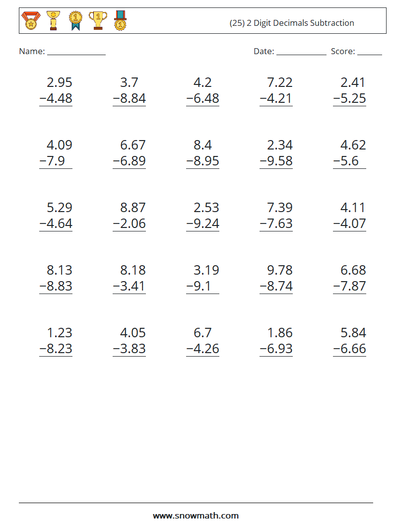(25) 2 Digit Decimals Subtraction Math Worksheets 3