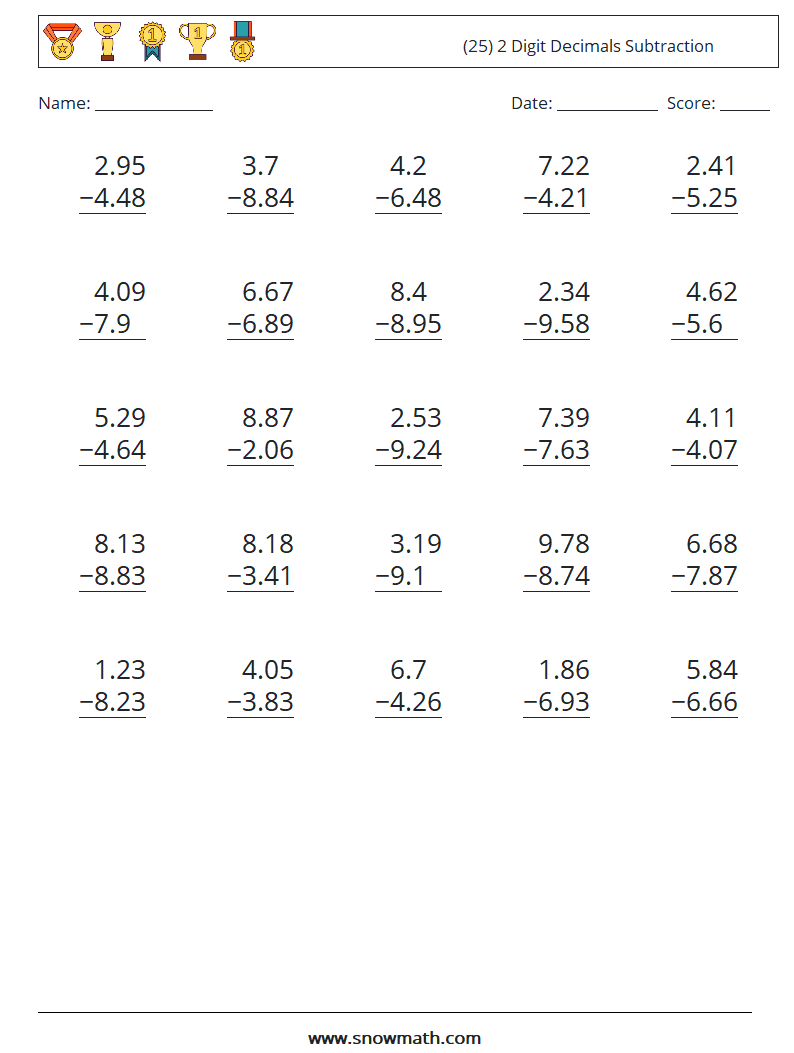 (25) 2 Digit Decimals Subtraction Maths Worksheets 3