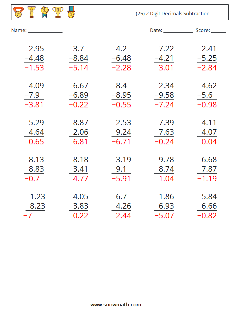 (25) 2 Digit Decimals Subtraction Math Worksheets 3 Question, Answer