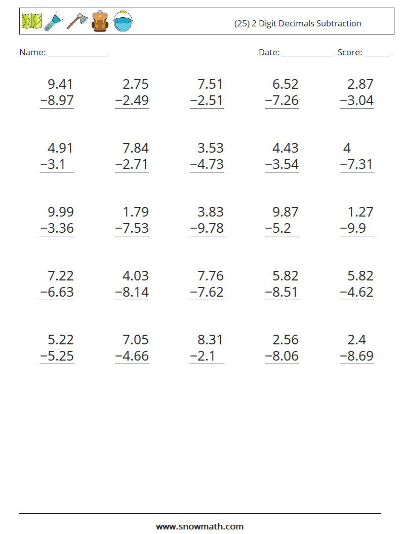 (25) 2 Digit Decimals Subtraction Maths Worksheets 4