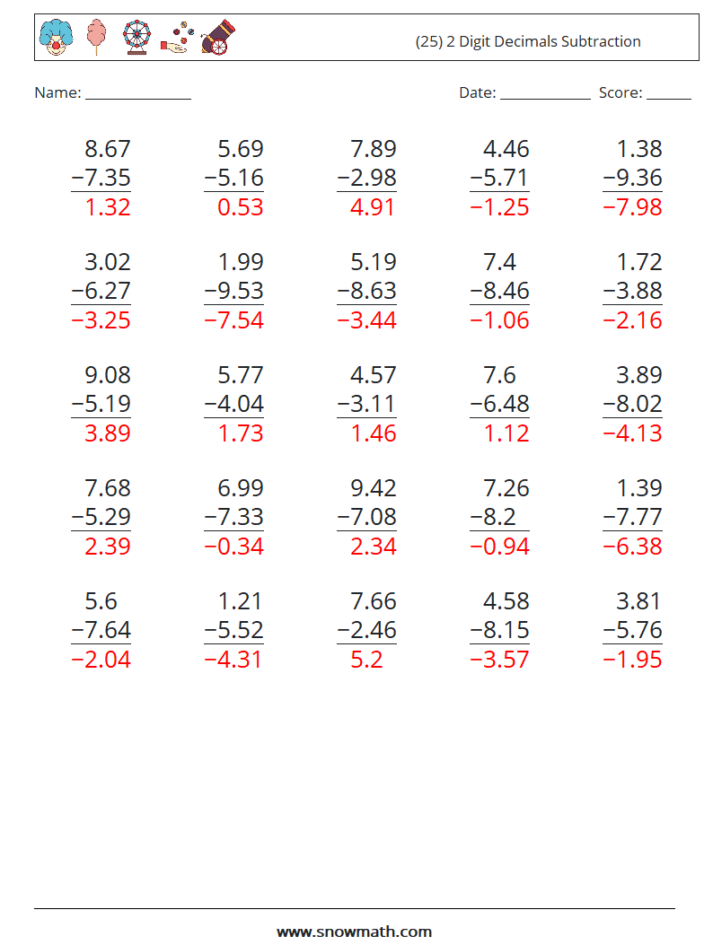 (25) 2 Digit Decimals Subtraction Math Worksheets 5 Question, Answer