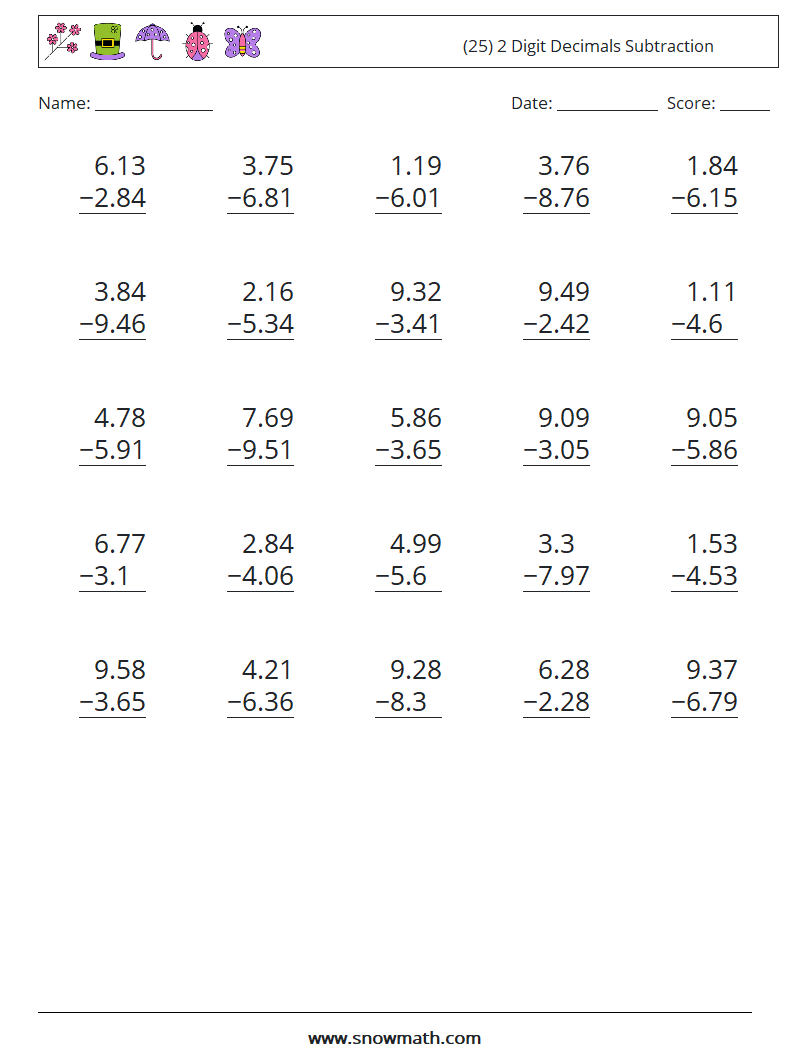 (25) 2 Digit Decimals Subtraction Maths Worksheets 6