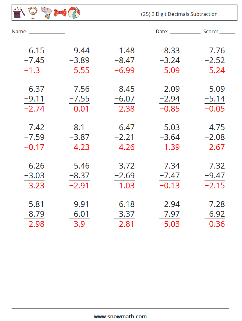 (25) 2 Digit Decimals Subtraction Math Worksheets 7 Question, Answer