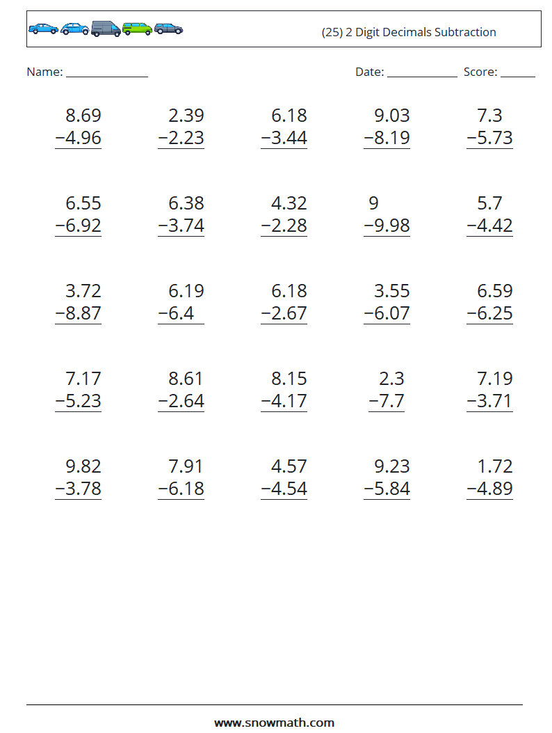(25) 2 Digit Decimals Subtraction Math Worksheets 8