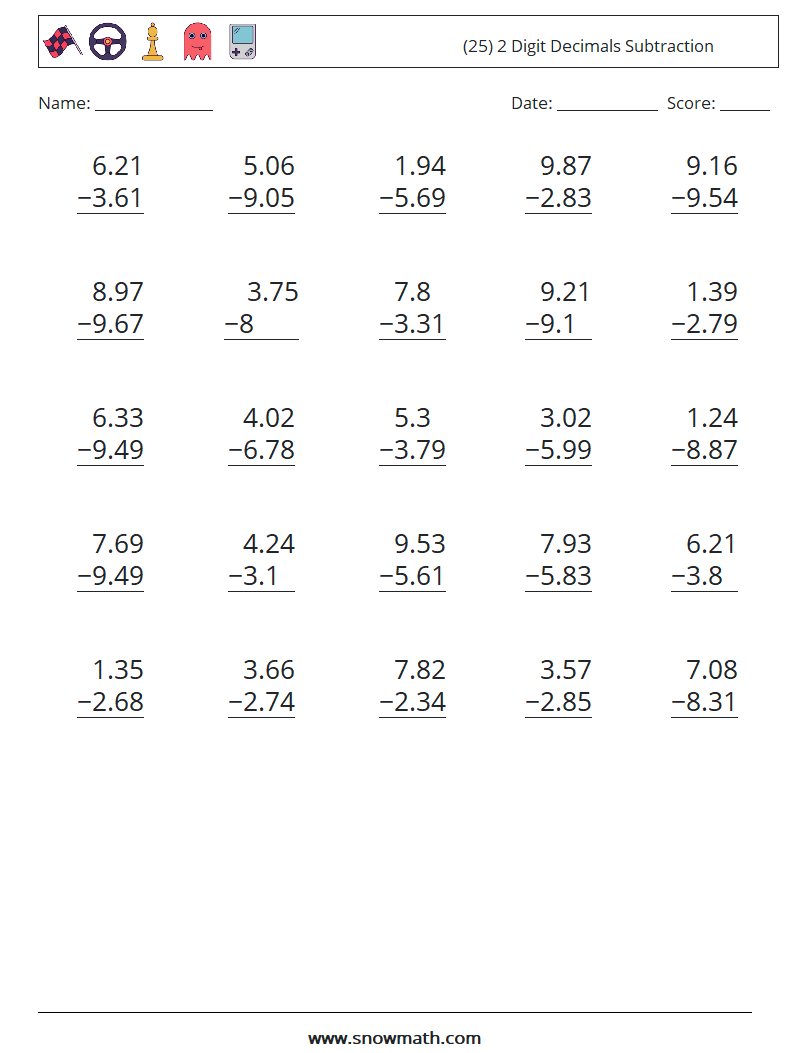 (25) 2 Digit Decimals Subtraction Math Worksheets 9