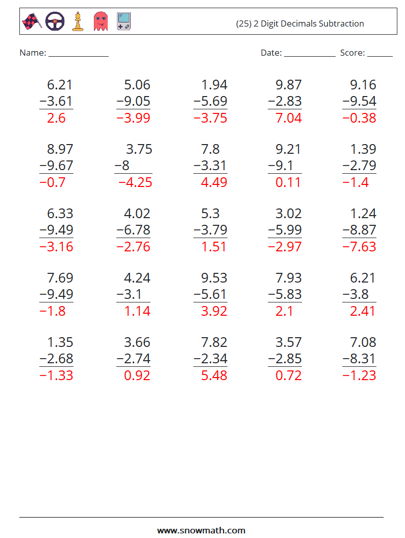 (25) 2 Digit Decimals Subtraction Math Worksheets 9 Question, Answer