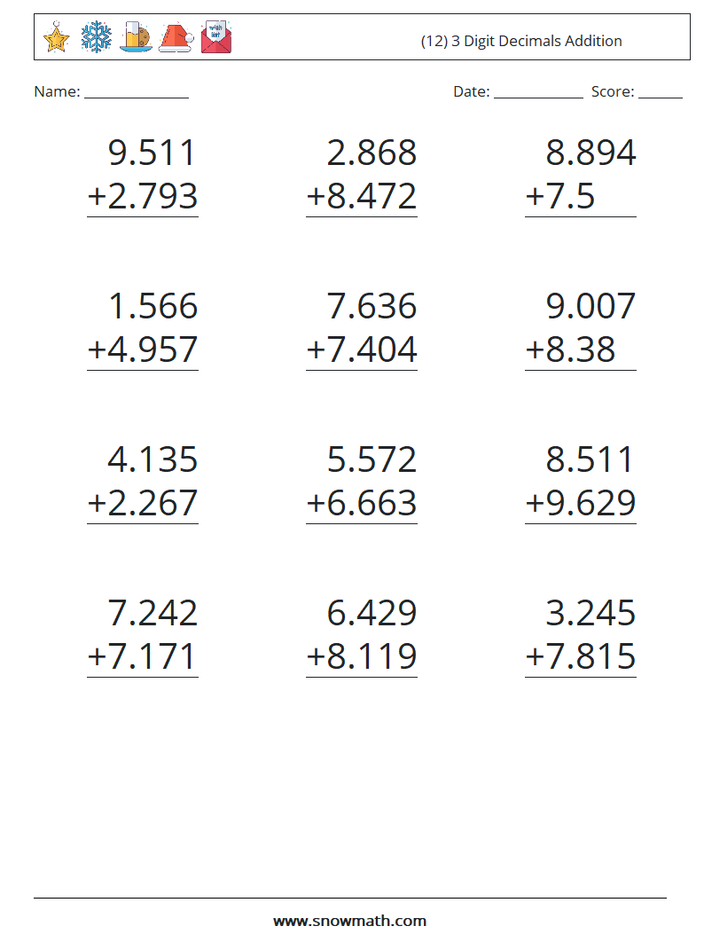 (12) 3 Digit Decimals Addition