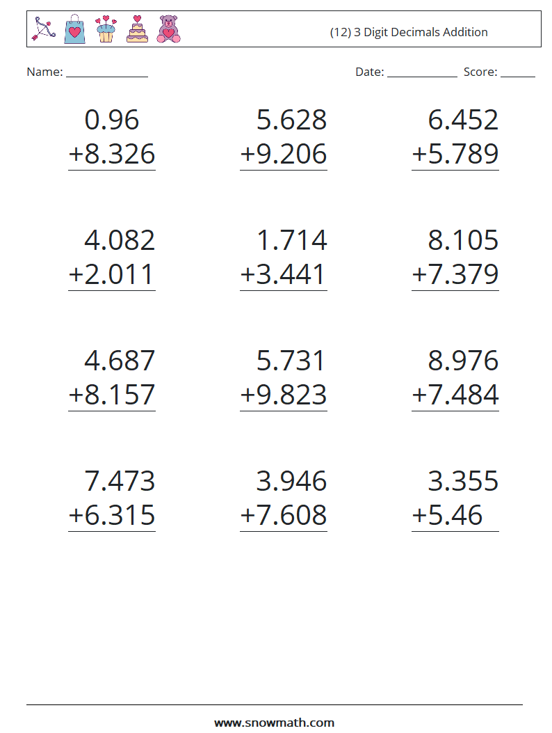 (12) 3 Digit Decimals Addition Maths Worksheets 10