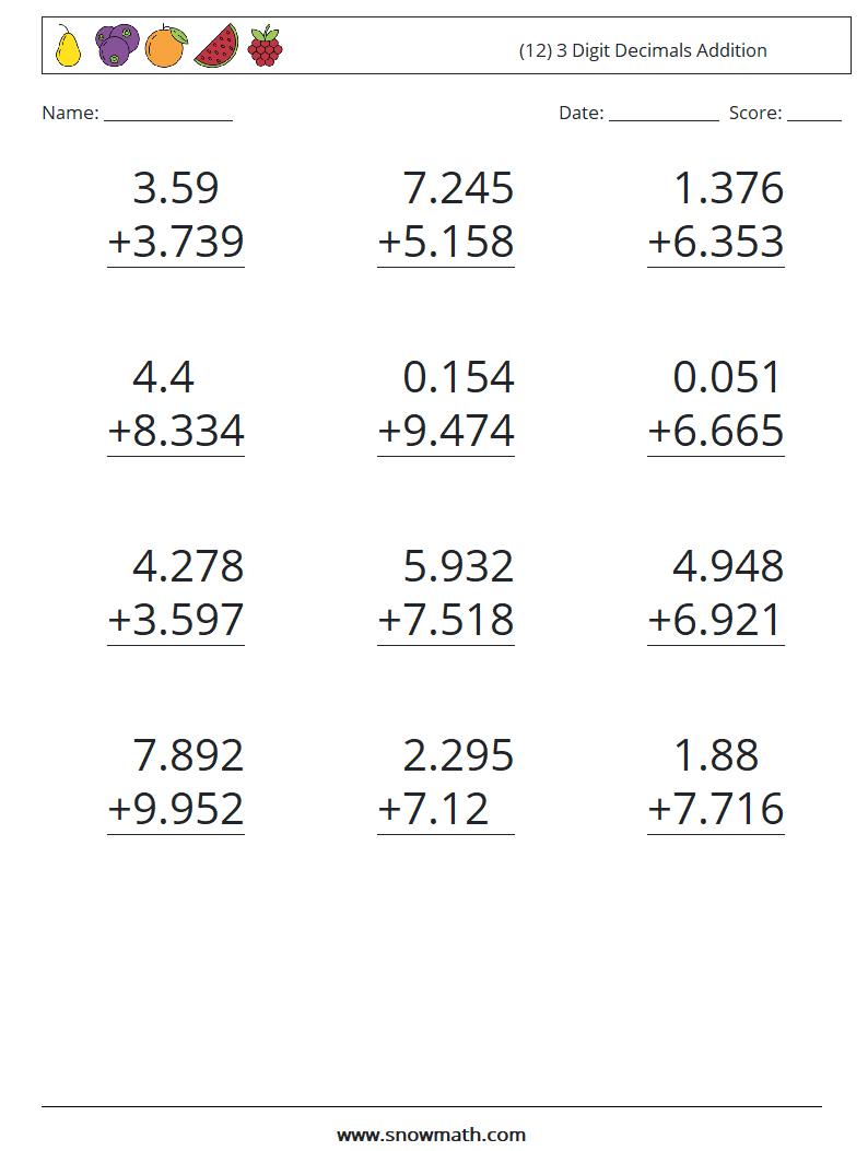 (12) 3 Digit Decimals Addition Maths Worksheets 12