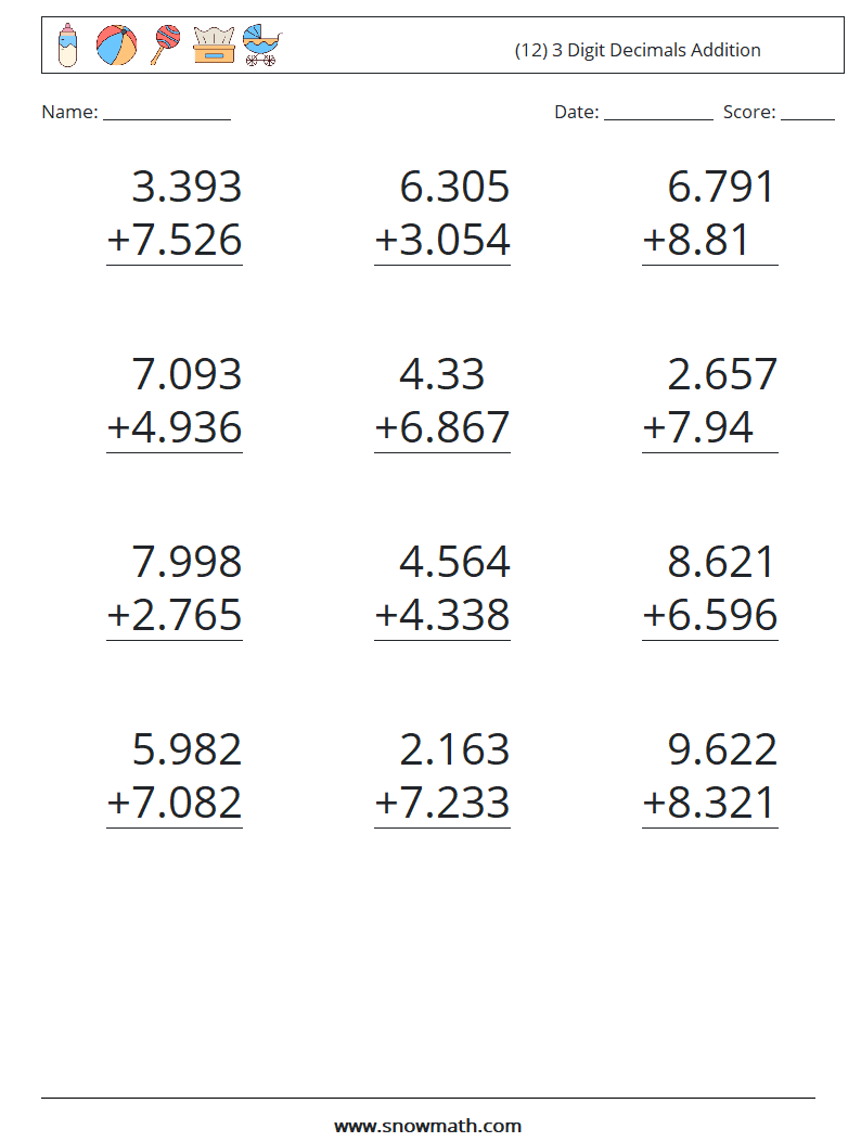 (12) 3 Digit Decimals Addition Maths Worksheets 13