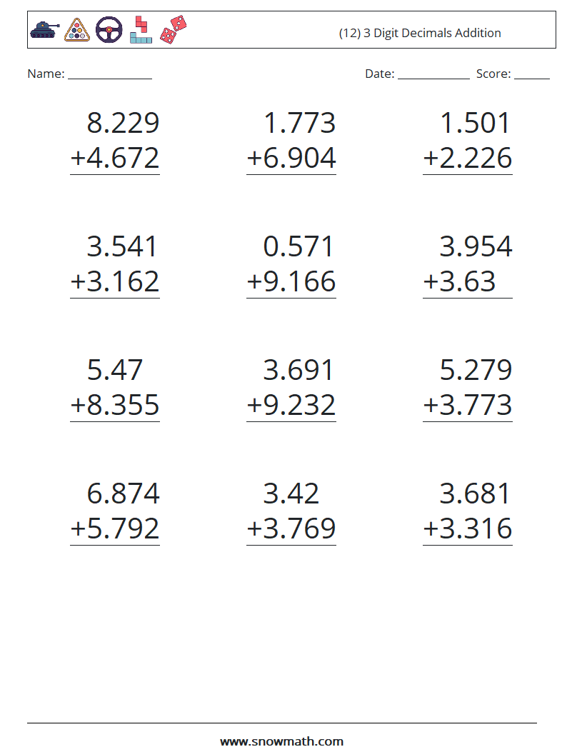 (12) 3 Digit Decimals Addition Maths Worksheets 14