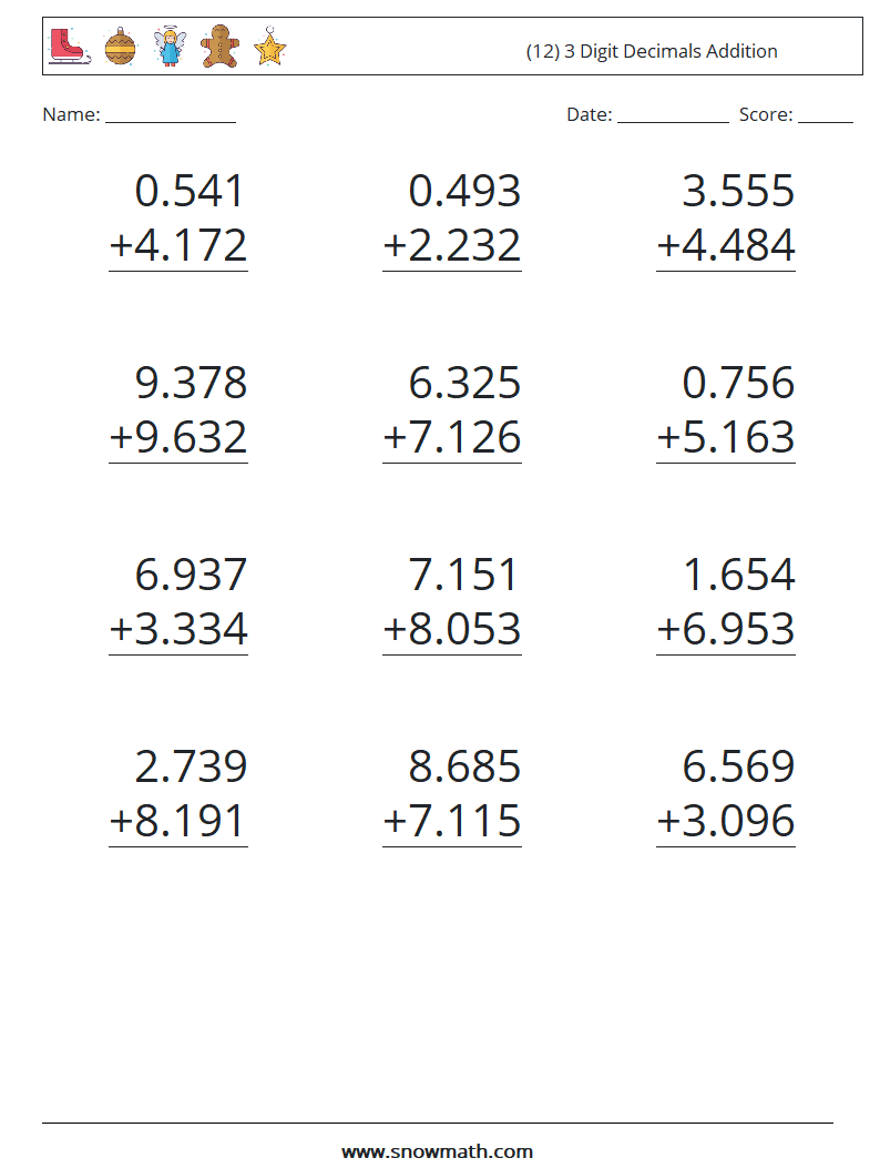 (12) 3 Digit Decimals Addition Maths Worksheets 15