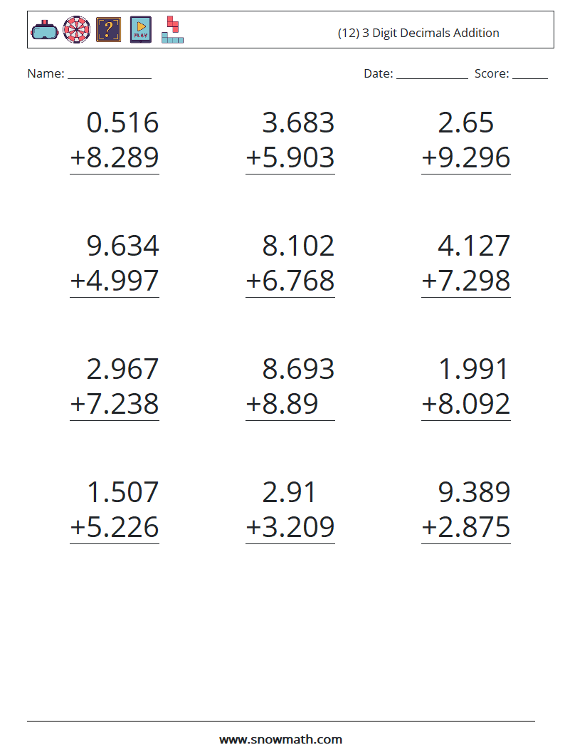 (12) 3 Digit Decimals Addition Maths Worksheets 16