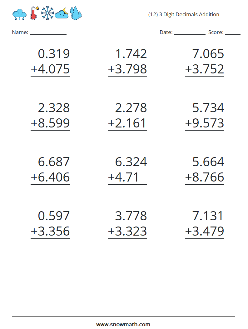 (12) 3 Digit Decimals Addition Maths Worksheets 17