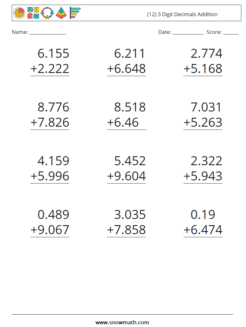 (12) 3 Digit Decimals Addition Maths Worksheets 18