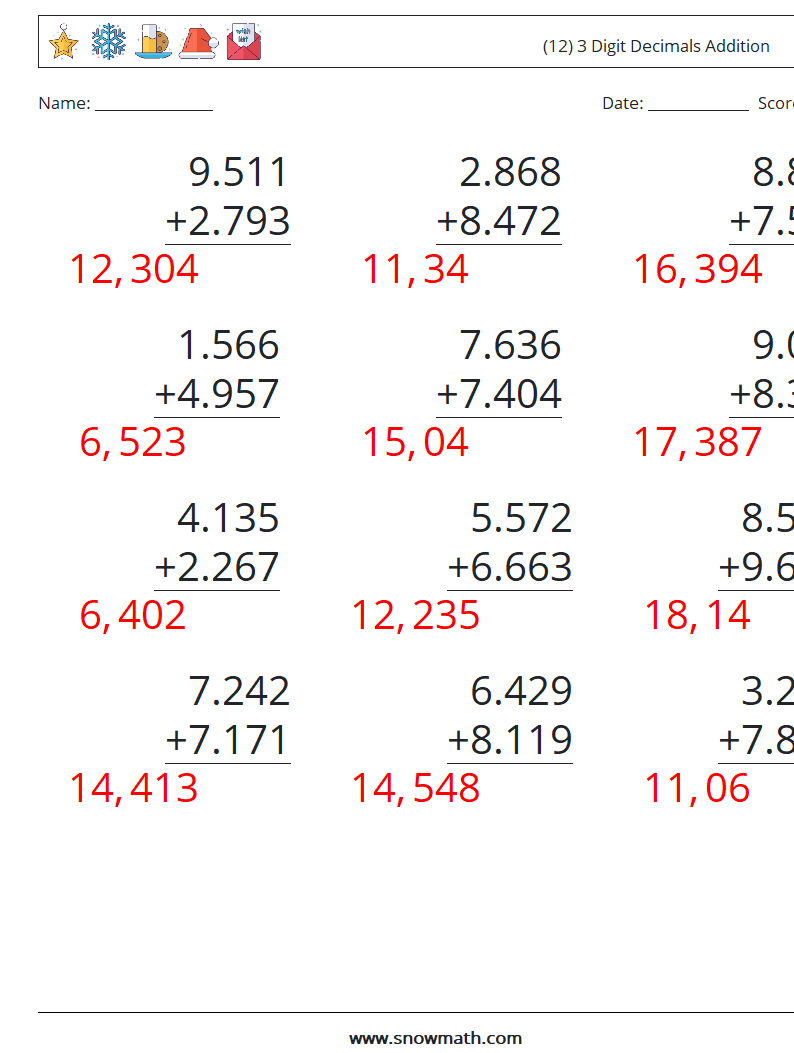 (12) 3 Digit Decimals Addition Math Worksheets 1 Question, Answer