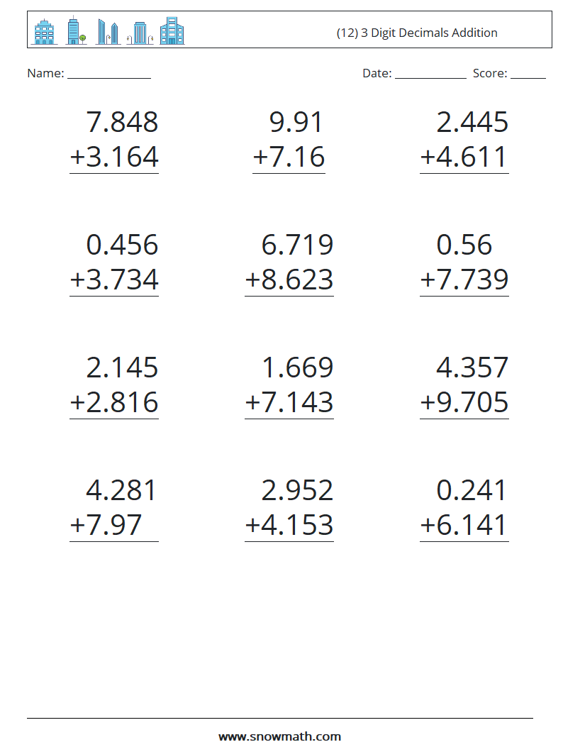 (12) 3 Digit Decimals Addition Math Worksheets 2