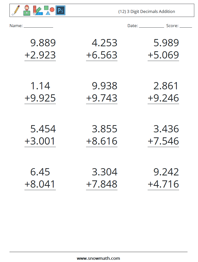 (12) 3 Digit Decimals Addition Maths Worksheets 3