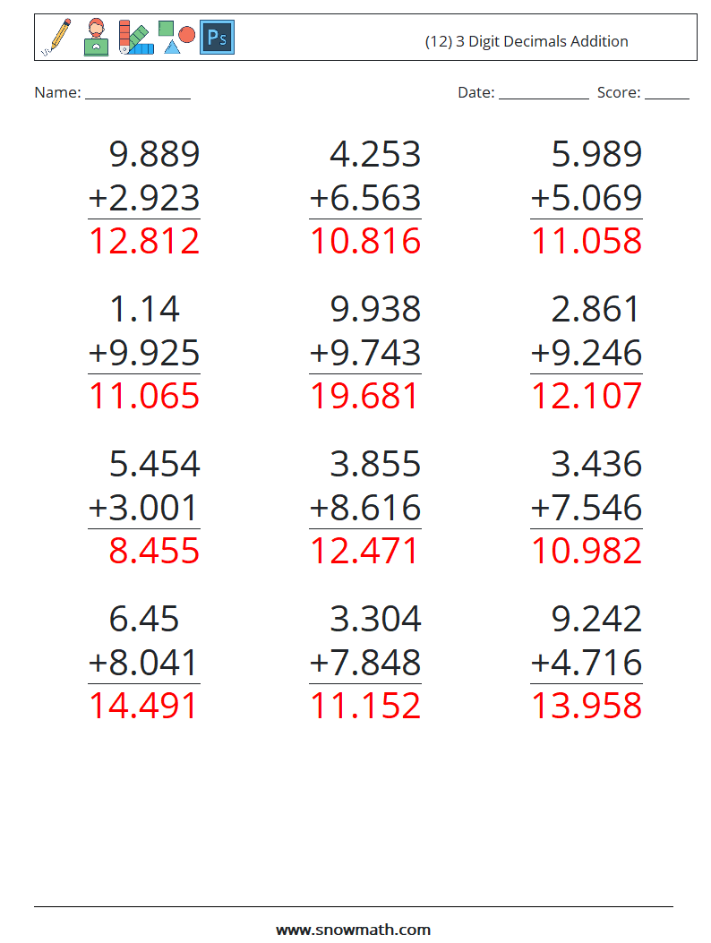 (12) 3 Digit Decimals Addition Math Worksheets 3 Question, Answer
