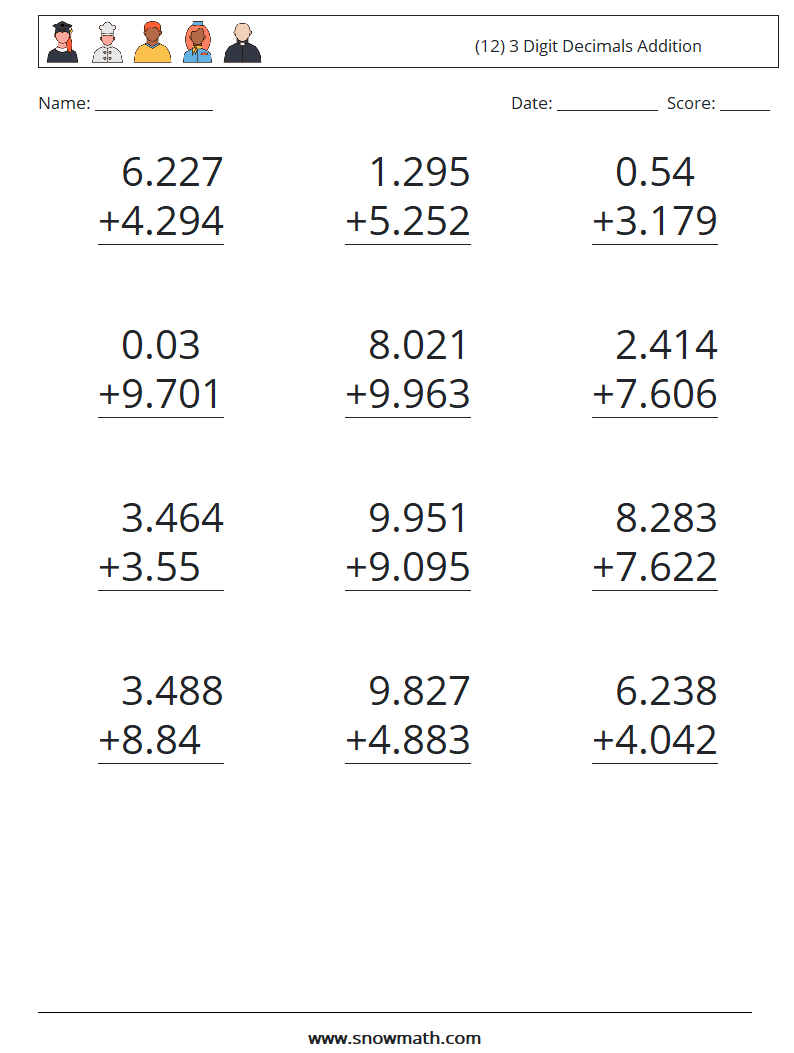 (12) 3 Digit Decimals Addition Maths Worksheets 4