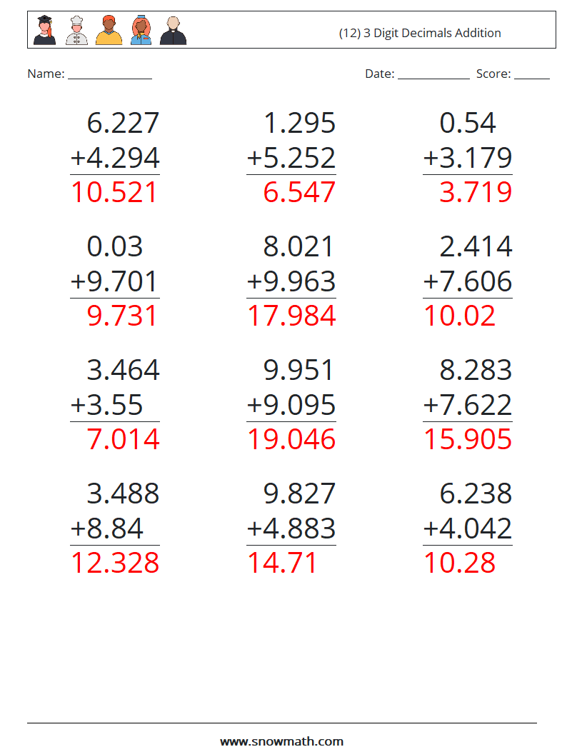 (12) 3 Digit Decimals Addition Math Worksheets 4 Question, Answer