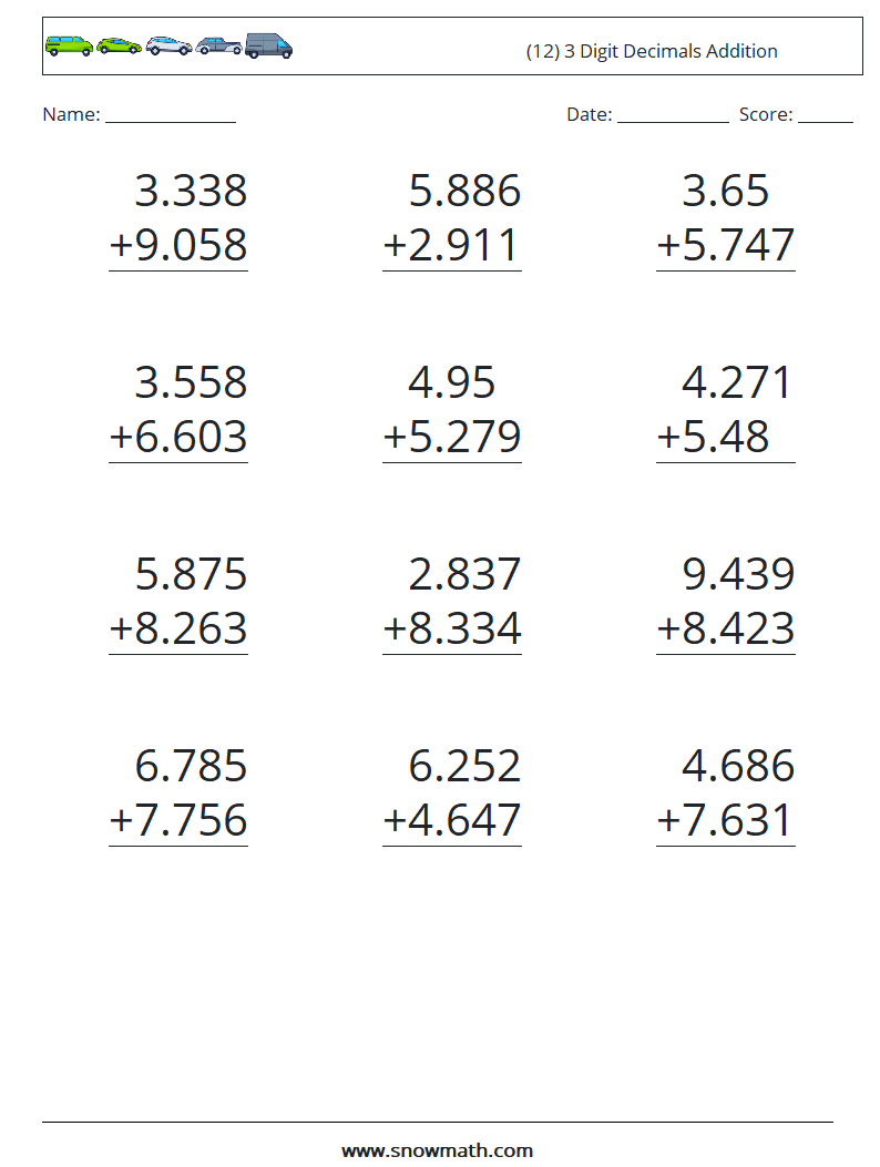 (12) 3 Digit Decimals Addition Math Worksheets 5