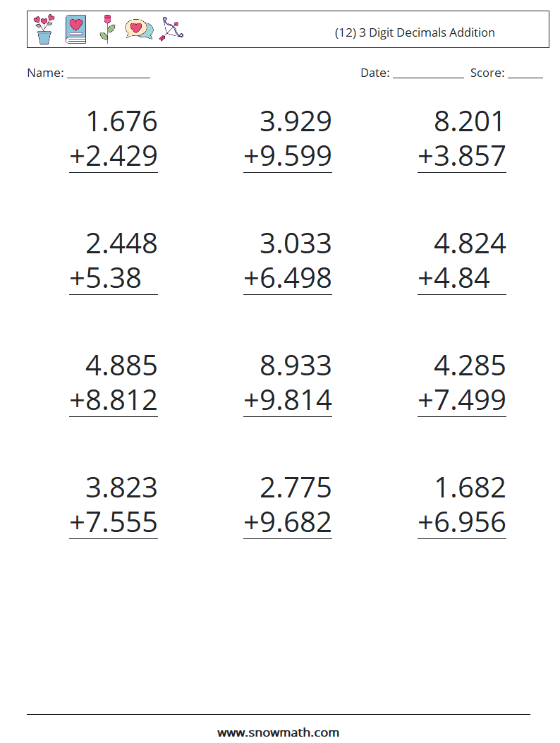 (12) 3 Digit Decimals Addition Maths Worksheets 6