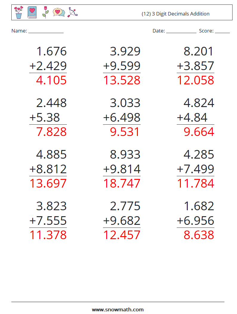 (12) 3 Digit Decimals Addition Math Worksheets 6 Question, Answer