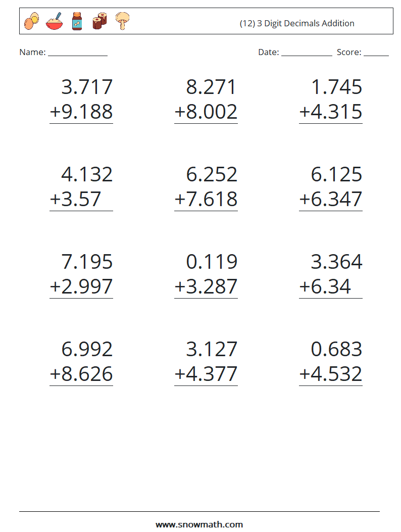 (12) 3 Digit Decimals Addition Maths Worksheets 7