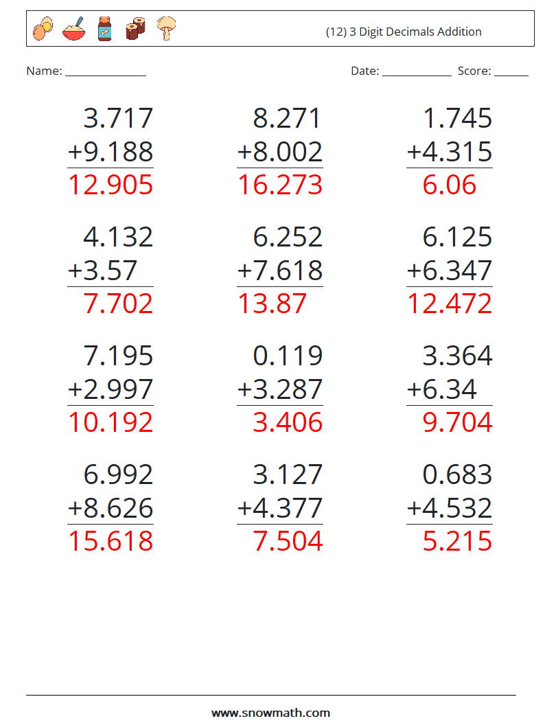 (12) 3 Digit Decimals Addition Math Worksheets 7 Question, Answer