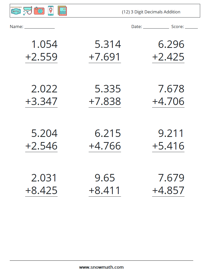 (12) 3 Digit Decimals Addition Maths Worksheets 8