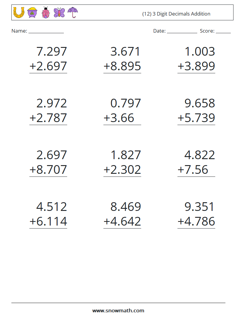 (12) 3 Digit Decimals Addition Maths Worksheets 9