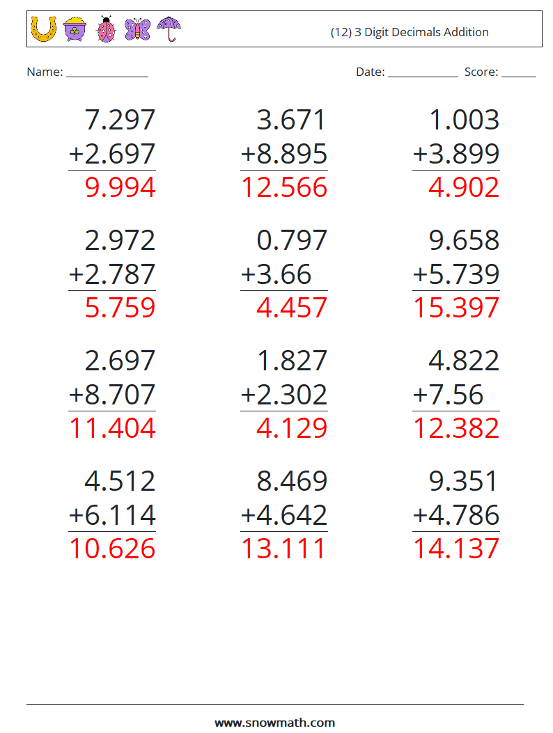 (12) 3 Digit Decimals Addition Math Worksheets 9 Question, Answer