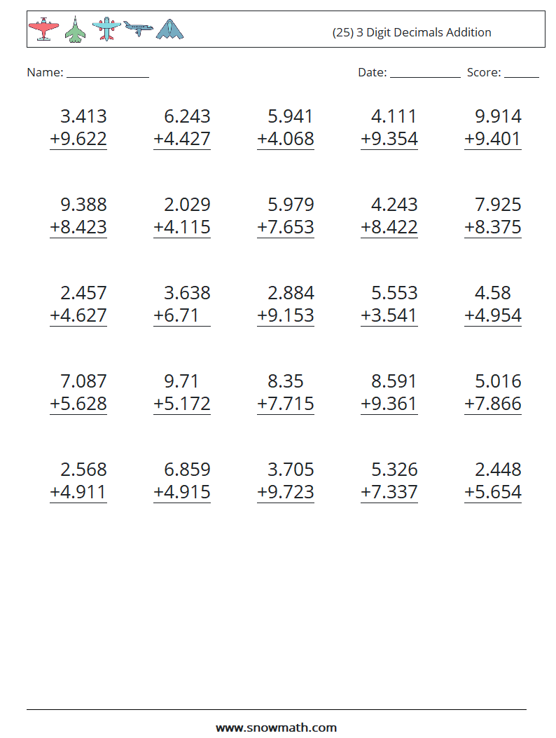 (25) 3 Digit Decimals Addition Math Worksheets 1