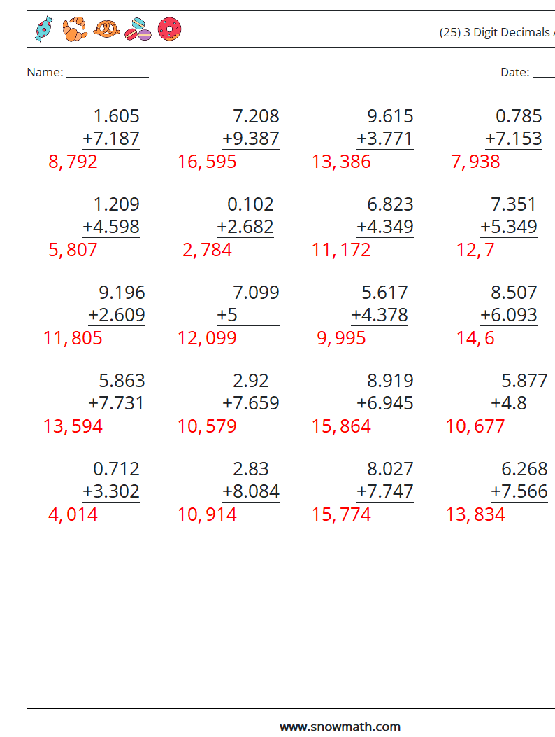 (25) 3 Digit Decimals Addition Math Worksheets 10 Question, Answer