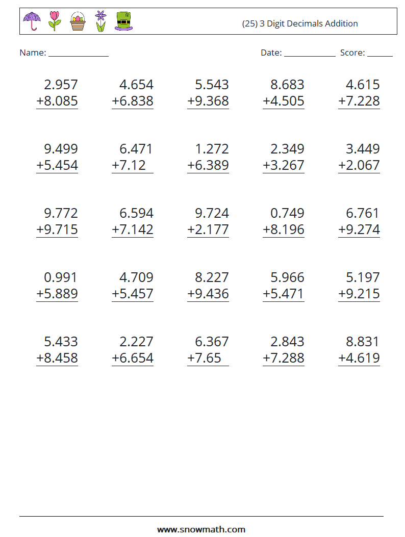 (25) 3 Digit Decimals Addition Math Worksheets 11