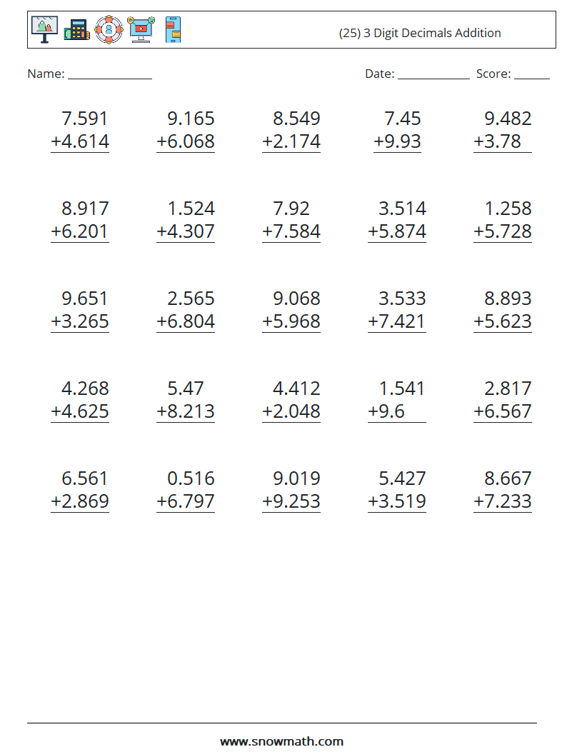 (25) 3 Digit Decimals Addition Math Worksheets 12