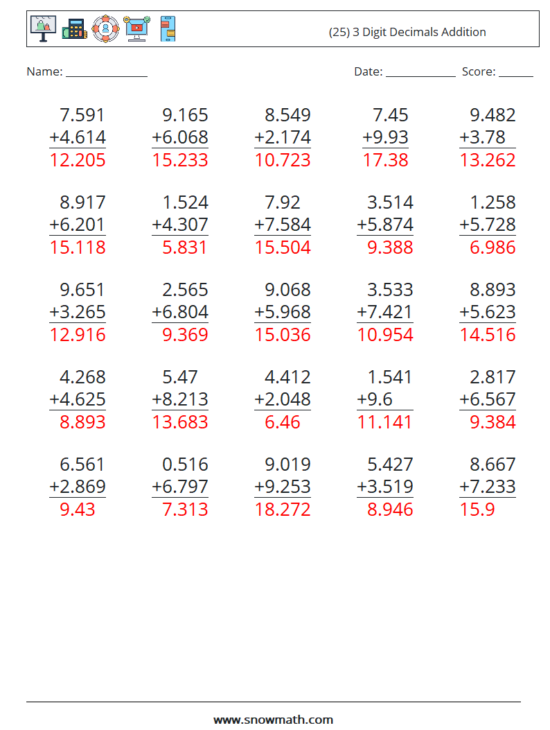 (25) 3 Digit Decimals Addition Math Worksheets 12 Question, Answer