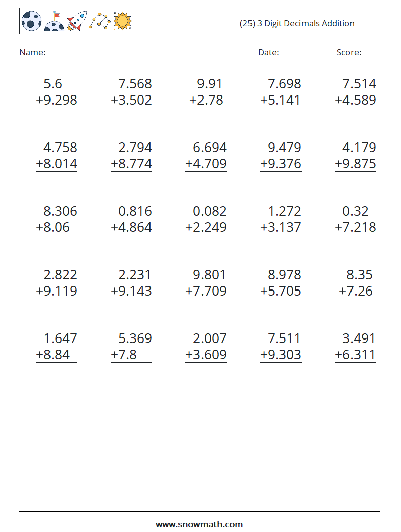 (25) 3 Digit Decimals Addition Maths Worksheets 13