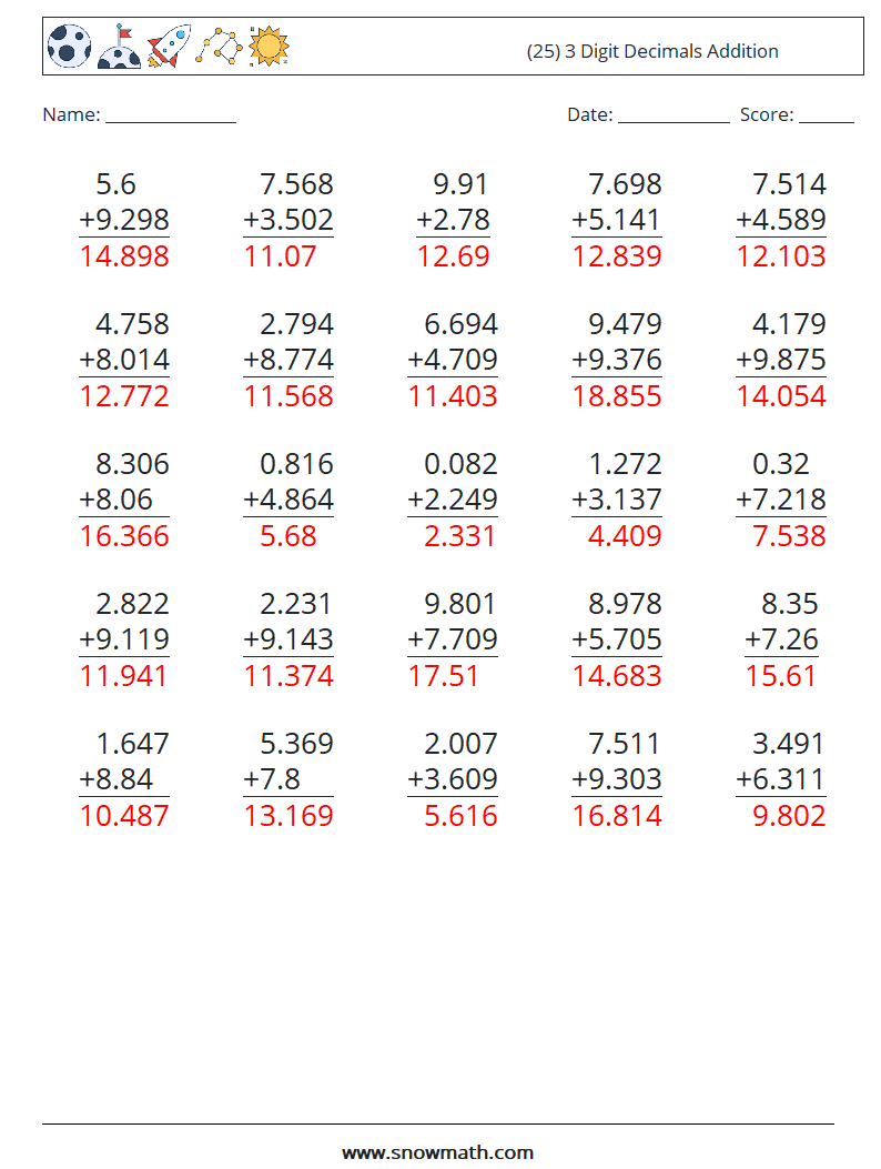 (25) 3 Digit Decimals Addition Math Worksheets 13 Question, Answer