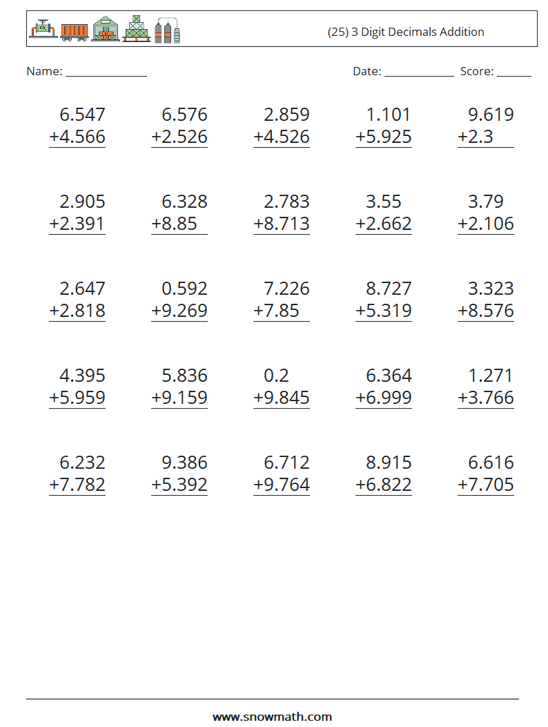 (25) 3 Digit Decimals Addition Math Worksheets 17