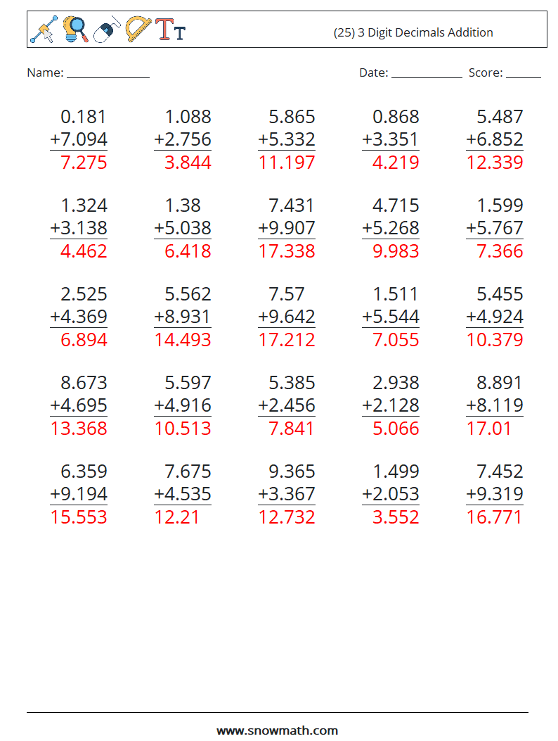 (25) 3 Digit Decimals Addition Math Worksheets 18 Question, Answer