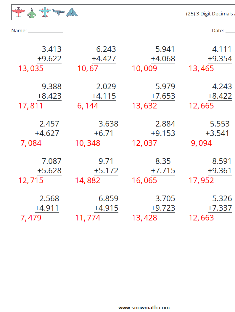 (25) 3 Digit Decimals Addition Math Worksheets 1 Question, Answer