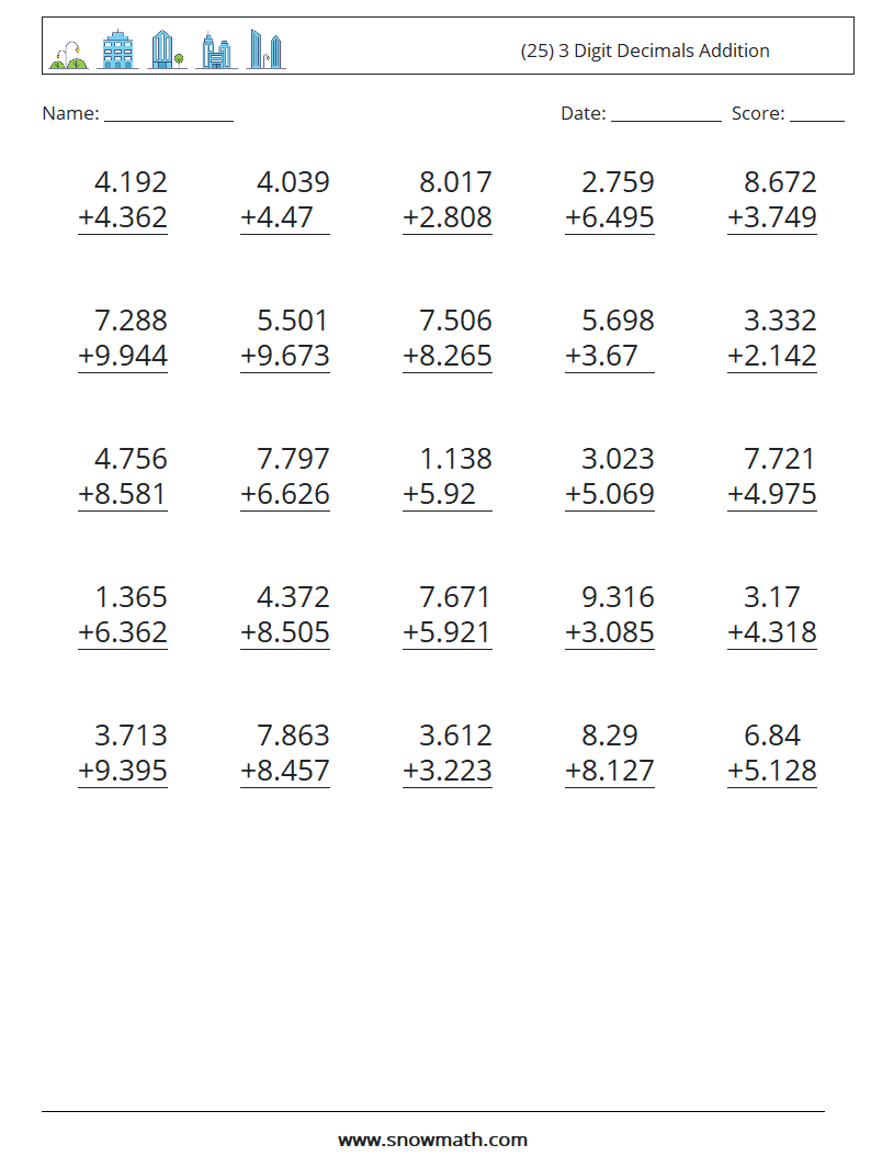 (25) 3 Digit Decimals Addition Maths Worksheets 2