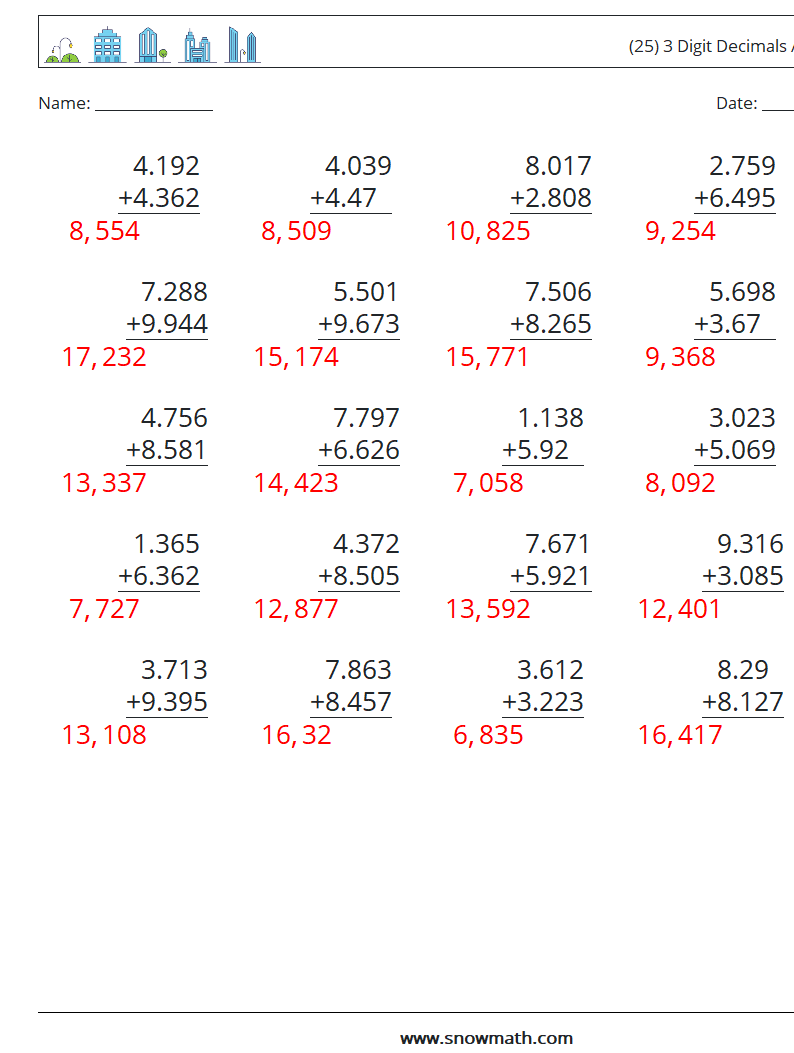 (25) 3 Digit Decimals Addition Math Worksheets 2 Question, Answer